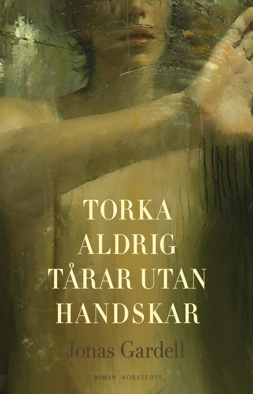 Bokomslaget till Torka aldrig tårar utan handskar av Jonas Gardell visar en suddig och målerisk människokropp bakom en regnig eller repad yta, vilket ger omslaget en sårbar och drömlik känsla av längtan och förlust.
