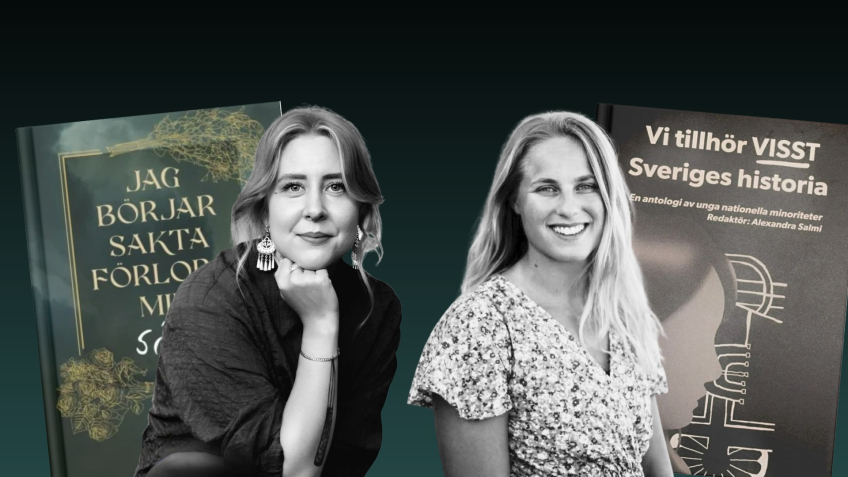 Två personer poserar framför stora bokomslag med svenska titlar mot mörk bakgrund. Båda tittar in i kameran och ler lätt.