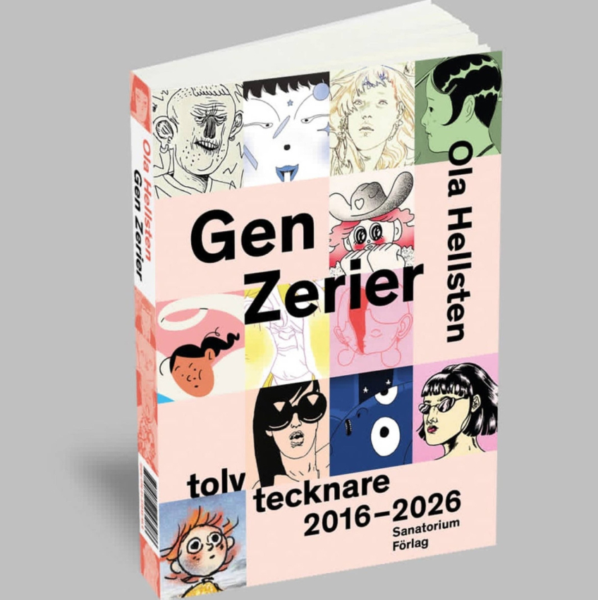 Bokomslag med titeln ”Gen Zerier” visar ett collage av tecknade ansikten och illustrationer i olika stilar. Boken står mot en ljusgrå bakgrund.