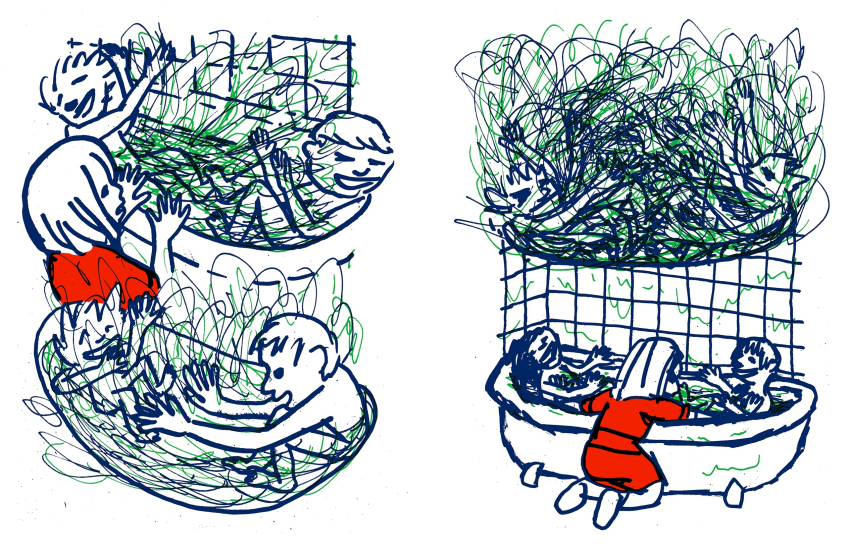 Två tecknade scener visar barn som badar i ett badkar fyllt med färgstarka, virvlande linjer och former. Illustrationerna är gjorda i blått, grönt och rött med ett lekfullt och uttrycksfullt bildspråk.