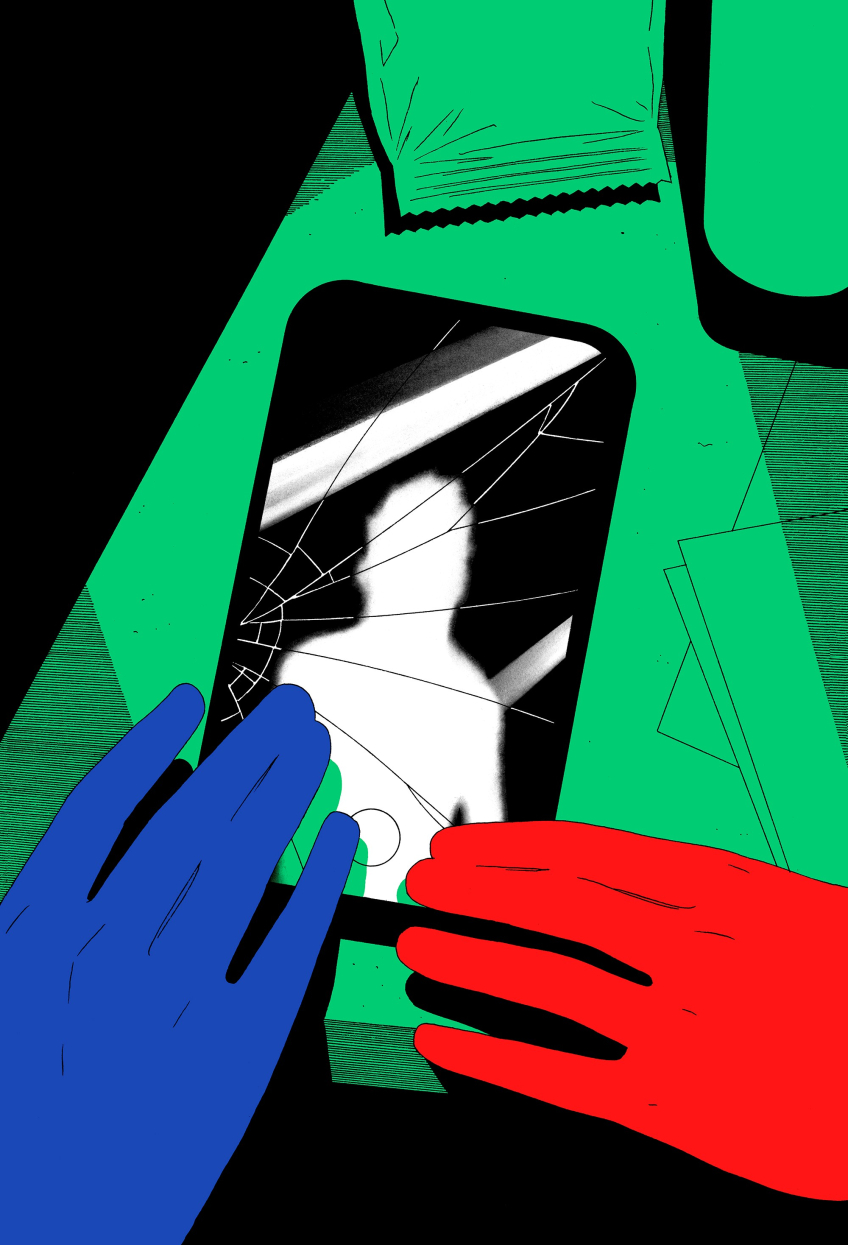 Illustration av två händer vid en mobiltelefon med sprucken skärm, där en suddig person syns i svartvitt.