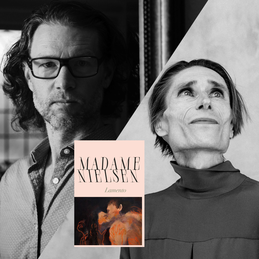 Svartvita porträtt av en man och en kvinna med bokomslaget till Madame Nielsens Lamento i förgrunden.