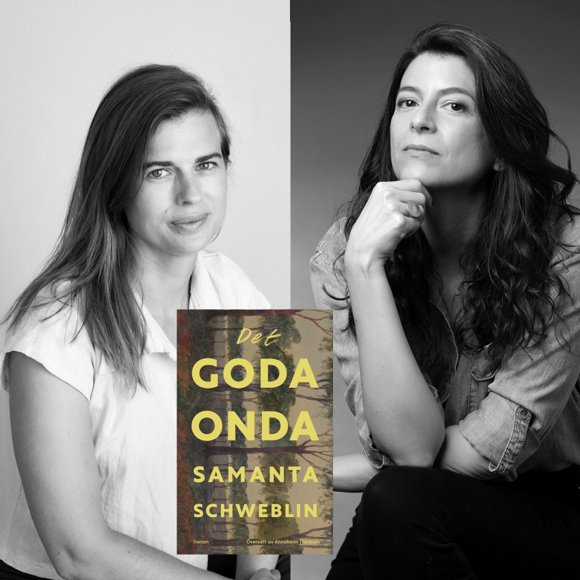 Svartvita porträtt av två kvinnor med bokomslaget till Samanta Schweblins Det goda onda placerat mellan dem.