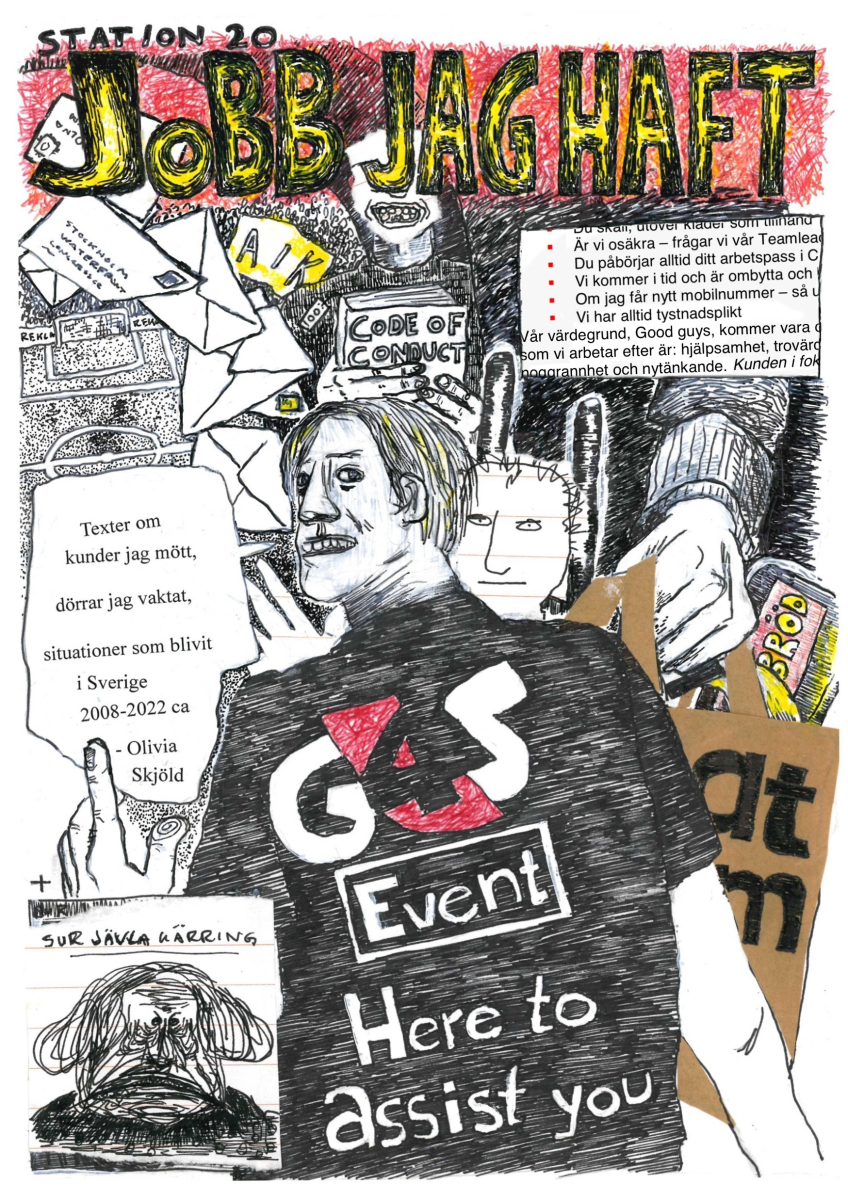 Handritat collage med människor, kuvert och texter. Överst står ”Jobb jag haft” med stora gula och svarta bokstäver.