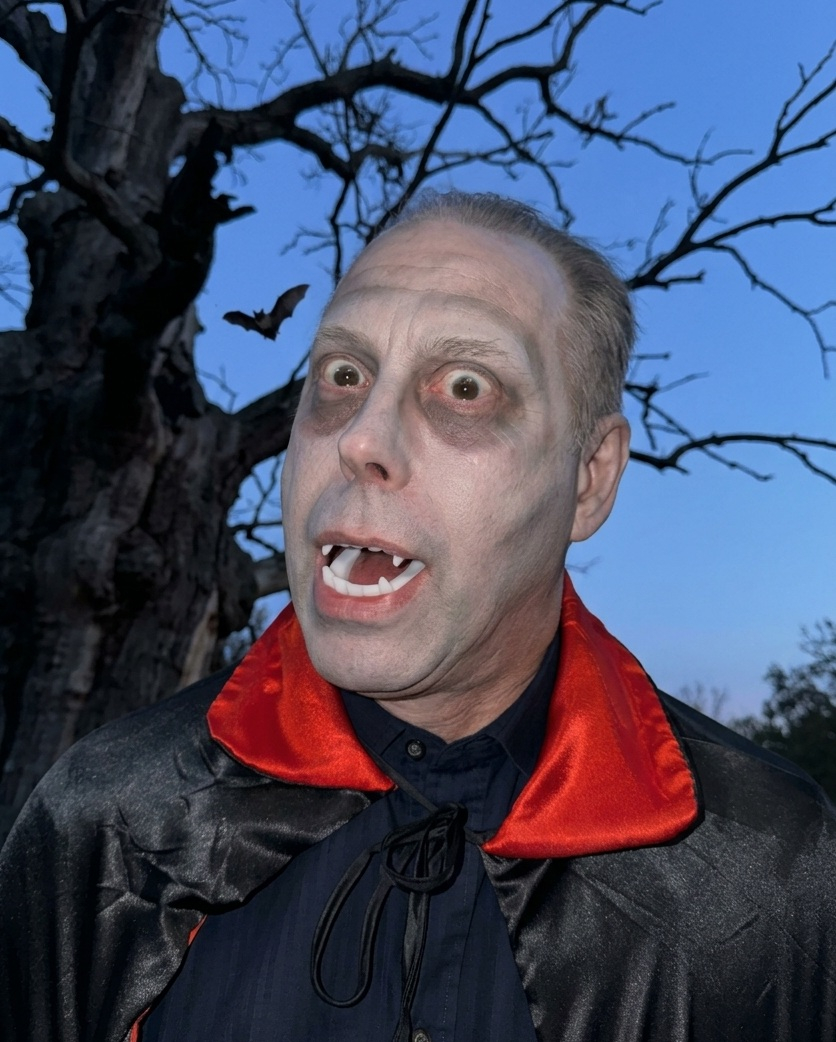 En man utklädd till Dracula med vampyrtänder, blekt ansikte, mörka ögon och svart mantel med röd krage. I bakgrunden syns ett kalt träd och en fladdermus mot en blå himmel.