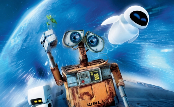Roboten WALL-E på ett rullband med Eve flygandes i bakgrunden.