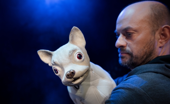 Foto: Markus Gårder En man håller i en docka som ser ut som en hund.