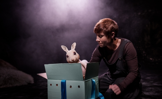 En kvinna tittar på en kanindocka som kommer upp ur en låda. 