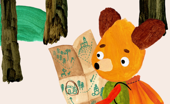 En tecknad björn läser en karta i skogen. 
