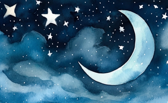 Natthimmel med en stor halvmåne och stjärnor. 