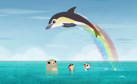 En delfin hoppar i havet med en regnbåge och simmande djur tittar på