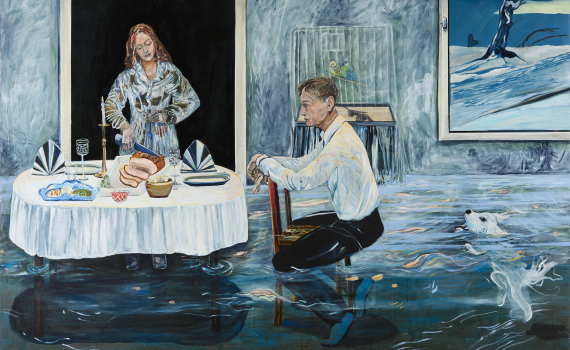 Målning av kvinna som skär kött vid ett dukat bord och en man som sitter i vatten bredvid en hund.