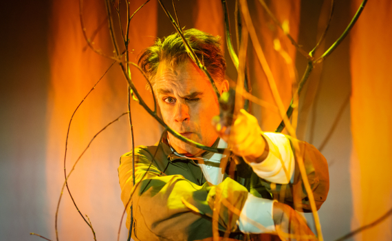 Sven Björklund gömmer sig bakom ett mycket litet träd i ett brandgult ljus och siktar med ögonen mot kameran.