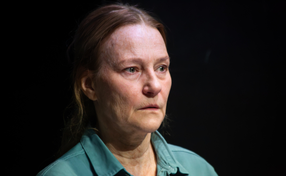 Närbild av medelålders kvinna med ljust hår uppsatt, blå skjorta, ser rakt fram.