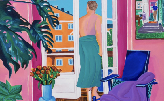 Målning en man i handduk tittar ut genom balkongdörrarna