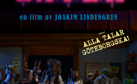 En grupp leranimerade figurer står vid en bardisk.