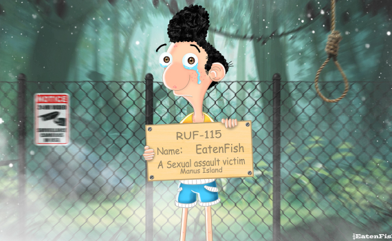 Illustration av en gråtande person bakom ett stängsel som håller en skylt med text om sexuellt våld på Manus Island.