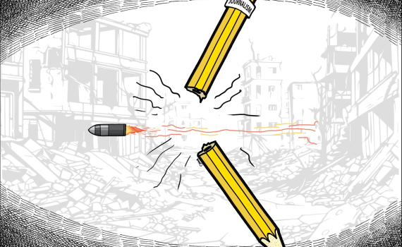 Illustration av en penna märkt ”Journalism” som bryts itu samtidigt som en kula passerar genom en krigshärjad stad.