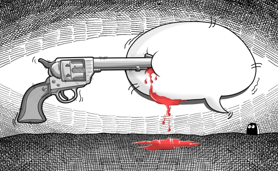 Illustration av en revolver vars pipa tränger in i en pratbubbla, med blod som droppar ner från bubblan.