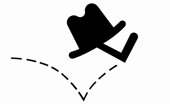 En svartvit illustration föreställandes en hatt med ben som hoppar.