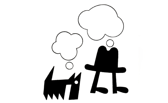 En svartvit illustration föreställandes en hatt med ben som är ute och går med sin hund. De har båda toma tankebubblor ovanför sina huvuden.