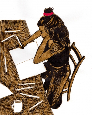 En illustration föreställandes en person som sitter vid ett skrivbord med ett block och pennor. 