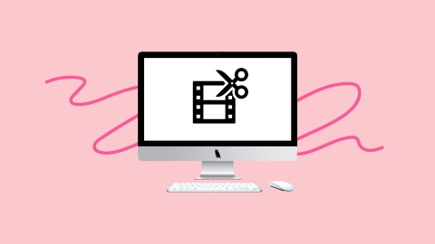 En illustration där en sax klipper i en filmrulle, på en datorskärm. 