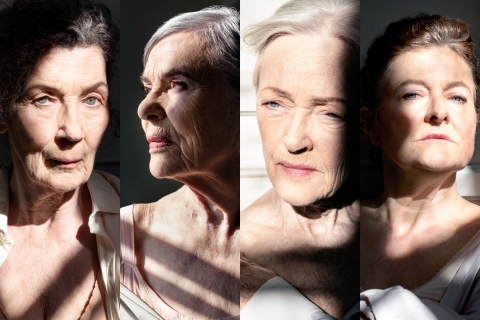 Porträtt på fyra kvinnor upplysta av solljus. 