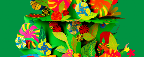 Ett mönster i former av blommor och blad i olika färger. 
