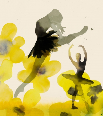 Illustration av två balettdansöser bland gula blommor