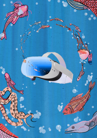 Ett virtual reality headset mot en blå bakgrund. Ur headsetet flyter det ut massa fiskar och sjövarelser