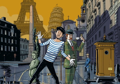 En illustration av en fransk mimare, en engelsman och Eiffeltornet, Lutande tornet i Pisa, Gamla stan i Stockholm med mera. 