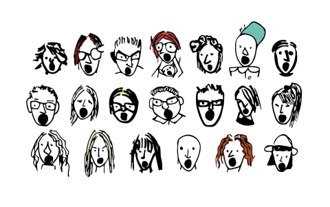 En illustration av 20 ansikten med olika uttryck, frisyrer och huvudbonader. 