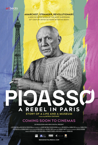 Bioaffisch med ett porträtt av Picasso med Eiffeltornet i bakgrunden.