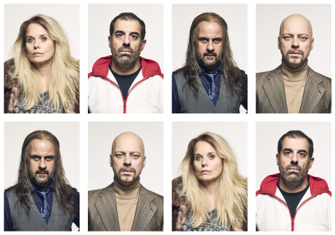 Åtta porträtt av fyra vuxna personer (två män, en kvinna och en man med peruk) i olika klädstilar och frisyrer.