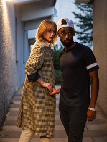 Kvinna i lång kappa och man i mörk t-shirt och keps håller varandra i handen i en smal gränd.