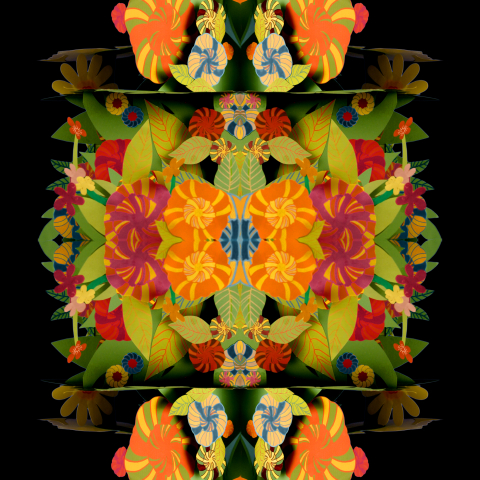 Symmetrisk design med färgglada blommor och blad i papper, i orange, rött, grönt och blått på svart bakgrund.