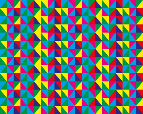 Fyrfärgsmönster av trianglar i blått, gult, rosa, grönt och rött i upprepat rutnät.