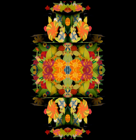 Symmetrisk design med färgglada blommor och blad i papper, i orange, rött, grönt och blått på svart bakgrund.