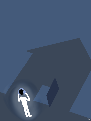 Stiliserad person håller för öronen i blå miljö, omgiven av stora lutande former som skapar en hotfull känsla.