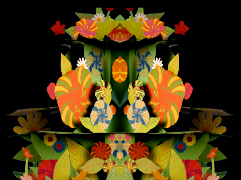 Symmetrisk design med färgglada blommor och blad i papper, i orange, rött, grönt och blått på svart bakgrund.