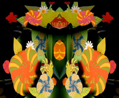 Symmetrisk design med färgglada blommor och blad i papper, i orange, rött, grönt och blått på svart bakgrund.