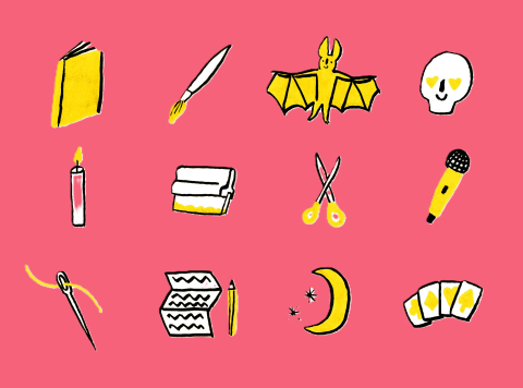 Illustration med symboler för bland annat böcker, skapande, musik och hantverk mot rosa bakgrund.