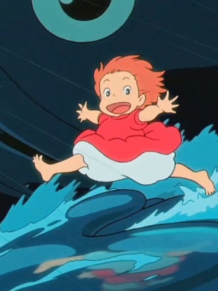 Ponyo springer på havets vågor och ler stort