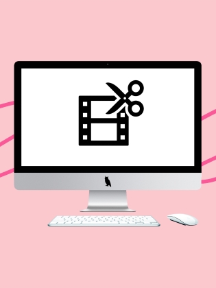 En illustration där en sax klipper i en filmrulle, på en datorskärm. 