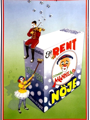 En illustration med Clownen Manne på ett paket tvättmedel, Maria skrubbar paketet och Olle spelar fiol