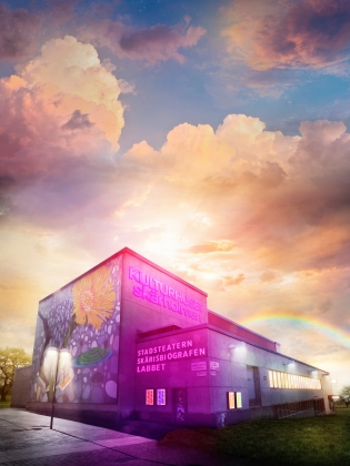 Bild på huset Kulturhuset Skärholmen med neonskyltar för bion, teatern och Labbet: Med regnbåge mot soluppgång