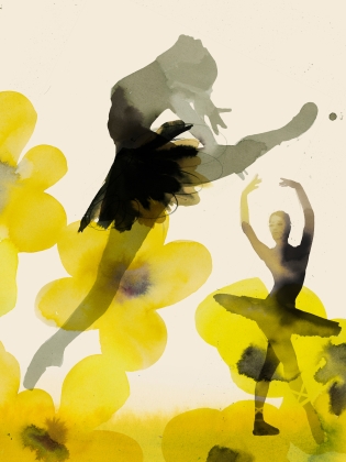 Illustration av två balettdansöser bland gula blommor