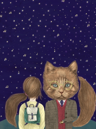 Illustration med ett barn och en katt