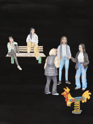 Bild på fem kvinnor mot svart bakgrund. Två att kvinnorna sitter på en bänk, tre av kvinnorna står i en grupp och pratar. I nedersta kantens står en vippgunga i form av en tupp.